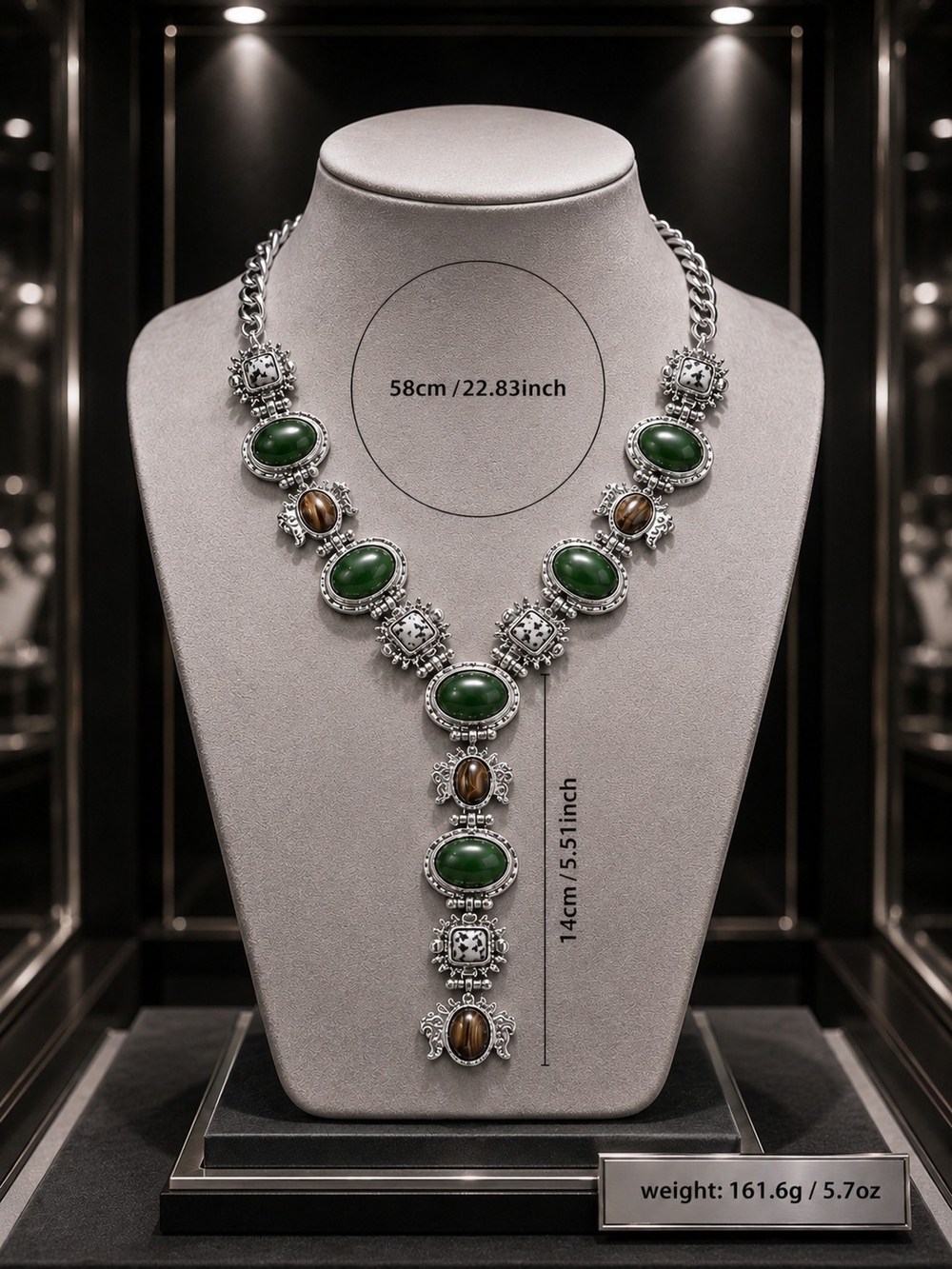 Vintage-Inspired Green Stone Silver Statement Necklace